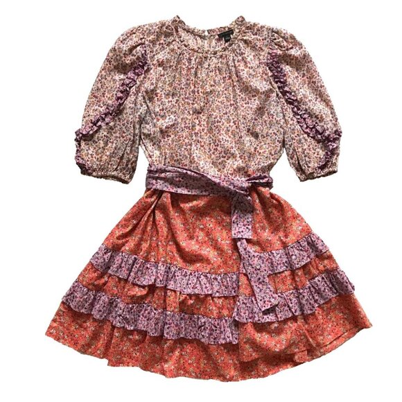 Ann Taylor Floral Fit & Flare Dress Womens 6 Orange Purple Crew Neck Mini Ruffle - Picture 3 of 13